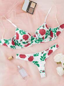浪漫玫瑰印花文胸和內褲套裝