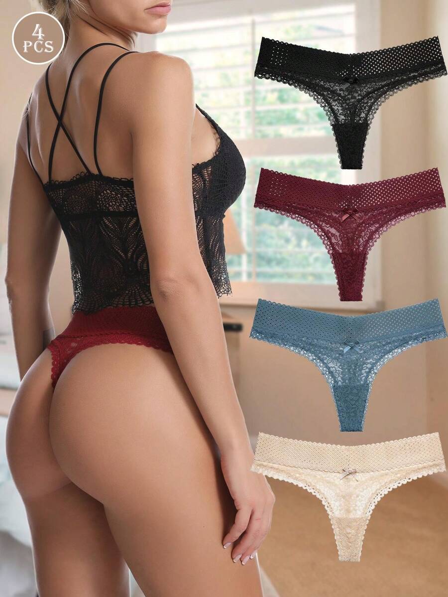4 - Miếng Thongs Đối với phụ nữ Ren gợi cảm Trở lại Hoa Quần lót không đường may Liền mạch Đồ lót - Nhiều màu - Xem 1