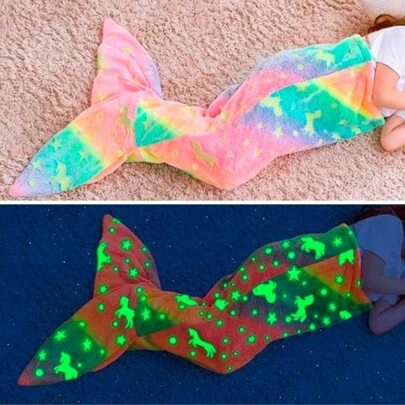 Kids Mermaid Tail Blanket, Glow In The Dark Blanket Unicorn And Mermaid Gifts For Girls, Soft Flannel Fleece Toddler Mermaid Blanket Children's Sleeping Bag(This Product Needs To Absorb Light For About 2 Hours To Have A Luminous Effect, And Cannot Last All Night)