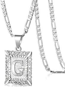 Collar con colgante de letra inicial para mujeres y hombres, collar de monograma cuadrado con capital en chapa de oro blanco de 18K con letras del alfabeto de A-Z y cadena Figaro