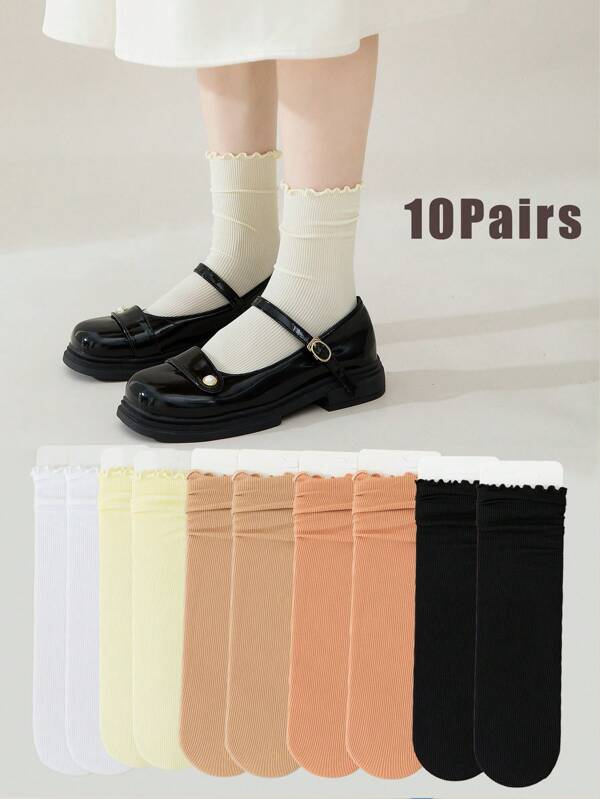 10 paires de chaussettes en soie de glace respirantes et absorbantes pour femme avec bordure ondulée, mi-mollet
