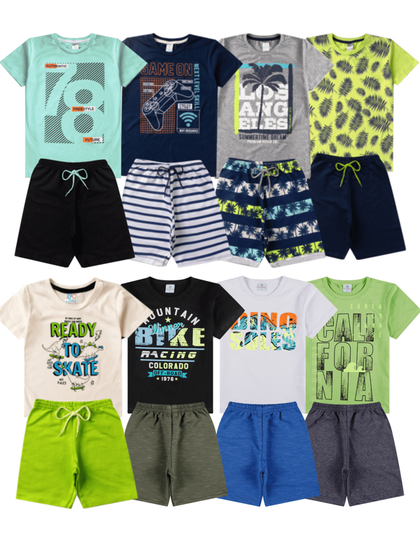 Kit 6 Peças de Roupas Infantil Menino Juvenil Verão Tamanho 1 ao 14 - 3 Camisetas + 3 Bermudas