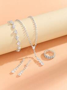 5 Stücke Set modischer Kupfer-Strass Schmuckset, bestehend aus 1 Halskette, 1 Paar Ohrringe, 2 Armbändern und 1 Ring, geeignet für den täglichen Gebrauch