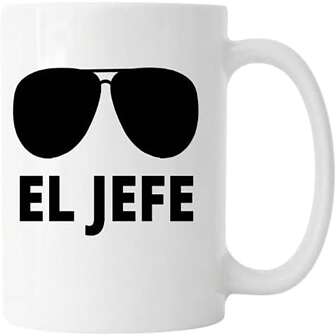 Taza Con La Frase El Jefe Divertida Para café con gráfico de Lentes Aviador Cerámica Blanca - Taza de 11 onzas Regalo Para Día Del Padre, Regalo Divertido Para Papa, Regalo Para Papa, Regalo para Esposo, Día del Padre, Dicho Divertido Mexicano