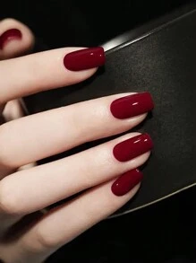 30 pièces d'autocollants pour ongles de forme cercueil courts de couleur rouge cerise unie, comprenant 1 lime à ongles et 1 bouteille de vernis gel. Ensemble de soins des ongles - Rouge foncé - Voir 4