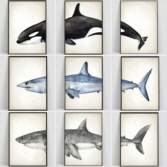 3 Pieces/Set Shark Minimalism Whale Poster And Print Ocean Animal Marine Canvas Painting Wall Art Picture For Living Room Home Decor Optional Frame Coastal Decor Coastal Decor Beach Decor