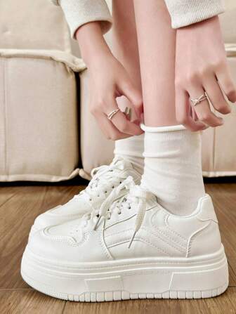 Women's New Fashion Breathable White Sneakers, PU Leather Simple And Stylish Thick-Soled Height-Increasing Casual Sports Shoes With Lace-Up Design, Running Outdoor Non-Slip Sports Shoes, Y2K Campus-Style Sponge Cake Bottom Sneakers, Comfortable And Lightweight Casual Thick-Soled Athletic Shoes
