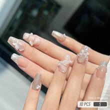 GIRL PLUS GIRLPLUS「蝴蝶山茶花」10件裝純手工製作的假指甲棺材型，閃亮的破碎鑽石珍珠蝴蝶樹脂手工指甲，金屬粉末裝飾優雅的白色時尚指甲組，適合婦女和女孩日常、約會穿戴壓克力假指甲用品 - 彩色 - 查看 18