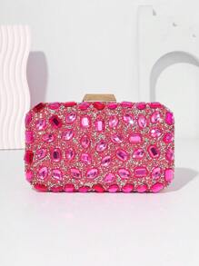 晚装手拿包，女士时尚派对礼服包，带链条的闪亮水钻水钻水晶钱包，婚礼必备物品，与毕业礼服、舞会礼服完美搭配 - 玫紅色 - 查看 1