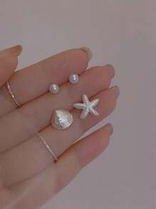 2 pares de aretes tipo pendiente con diseño de estrella de mar y concha, con perlas artificiales, diseño delicado y personalizado, casual y adecuado para verano y playa, para mujeres