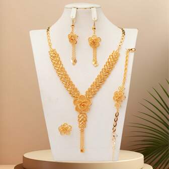 5pcs/Set 18K+Champagne Gold Oxidation-Resistant Copper Fringe Style Floral Petals Shape Luxury French Romantic Style Dubai Bride Set For Wedding And Festivals