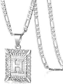 Collar con colgante de letra inicial para mujeres y hombres, collar de monograma cuadrado con capital en chapa de oro blanco de 18K con letras del alfabeto de A-Z y cadena Figaro