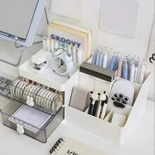 1 pièce Organiseur de bureau charmant thème lapin avec 2 tiroirs transparents - Boîte de rangement en plastique durable pour fournitures de bureau et articles divers, idéal pour la décoration de la maison et du bureau, fournitures scolaires, cadeau de fête, cadeau de Noël, rentrée scolaire, fournitures scolaires, trousse à crayons, sac d'école