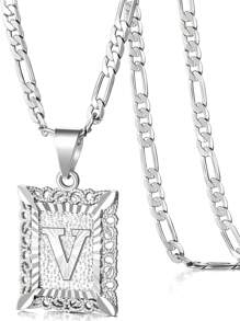 Collar con colgante de letra inicial para mujeres y hombres, collar de monograma cuadrado con capital en chapa de oro blanco de 18K con letras del alfabeto de A-Z y cadena Figaro