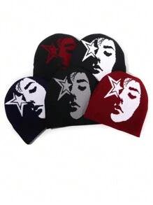 1pc Face Pattern Intarsia Knit Beanie Hat, Fashionable Y2K Vibe, Warm And Windproof