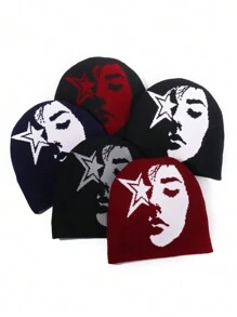 1pc Face Pattern Intarsia Knit Beanie Hat, Fashionable Y2K Vibe, Warm And Windproof