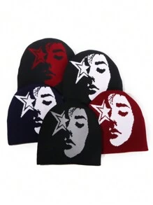 1pc Face Pattern Intarsia Knit Beanie Hat, Fashionable Y2K Vibe, Warm And Windproof