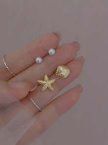 2 pares de aretes tipo pendiente con diseño de estrella de mar y concha, con perlas artificiales, diseño delicado y personalizado, casual y adecuado para verano y playa, para mujeres