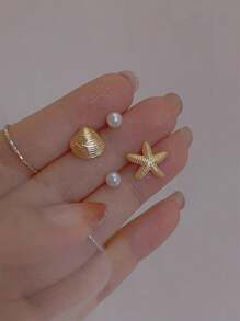 2 pares de aretes tipo pendiente con diseño de estrella de mar y concha, con perlas artificiales, diseño delicado y personalizado, casual y adecuado para verano y playa, para mujeres