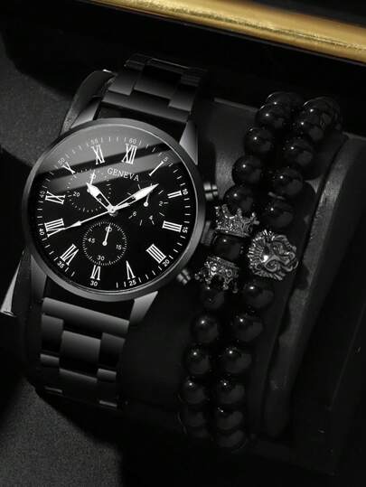 3pcs Fashionable And Versatile Men's Quartz Watch, Round Dial, Alloy Steel Strip, Paired With Crown Bead Bracelet Set, The Best Gift For Men, Suitable For Holiday Gifts And Daily Wear