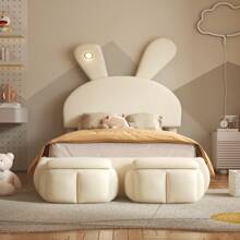 Nestfair Twin Size Upholstered Platform Bed With Cartoon Ears Shaped Headboard And Light