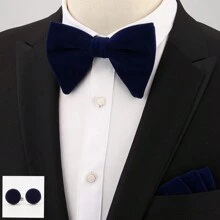 1 set Traje de boda para hombres, que incluye corbata de moño de terciopelo con forma de cuerno, pañuelo de bolsillo y gemelos para corbata de hombre
