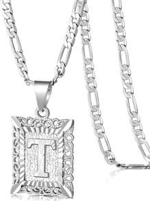 Collar con colgante de letra inicial para mujeres y hombres, collar de monograma cuadrado con capital en chapa de oro blanco de 18K con letras del alfabeto de A-Z y cadena Figaro