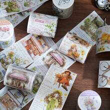 1卷2m女孩花卉主題復古美學和紙膠帶，DIY相簿裝飾材料，節慶禮品，個性化文具用品，適用於學校 - 黃色 - 查看 5