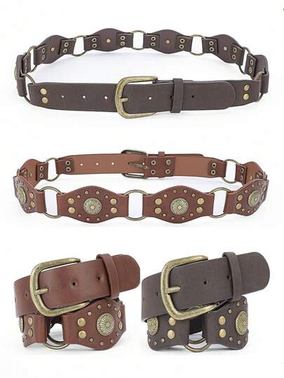 1pc Women's Hollow Round Disc Waist Belt, Western Exaggerated Denim Wide Round Disc Leather Belt With Metal Buckle, Retro Soft & Durable