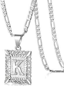 Collar con colgante de letra inicial para mujeres y hombres, collar de monograma cuadrado con capital en chapa de oro blanco de 18K con letras del alfabeto de A-Z y cadena Figaro