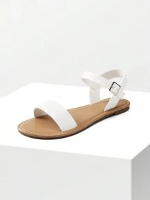 Women's Cute Open Toes One Band Ankle Strap Flexible Summer Flat Sandals - 白色-PU - 查看 1