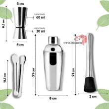 Kit Combo  Bar 4 Peças Coqueteleira De Inox 500ml com Tampa com Filtro Socador Dosador Duplo Inox 30ml e 60ml  Pegador de Gelo ou Frutas Inox Para Bebidas Drink Caipirinha Bar Restaurantes Resistente - Cromado - Visão 5