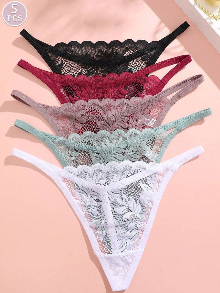5pcs Women's Solid Color All Lace Pattern Thin Waistband Low-Rise Sexy T-Back G-Strings Women's Underwear & Lingerie