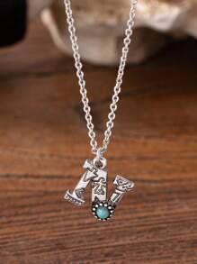 1 Stück Retro Antik Silber Farbe western blaue Türkis Stein Dekor Buchstaben Initialen Anhänger Halskette für Frauen