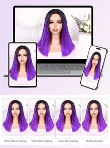 14英寸短直波波假髮,中分合成髮假髮,肩長日常cosplay派對假髮,適用於萬聖節、聖誕節、cosplay、日常穿著等假髮用途 - 紫色 - 查看 9