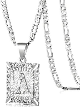 首字母吊坠项链，男女皆宜，18K 白金镀层方形大写字母项链，字母表从 A 到 Z，费加罗链项链