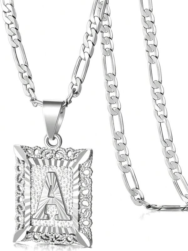 Initial Letter Pendant Necklace For Men Women, 18K White Gold Plated Square Capital Monogram Necklace Alphabets From A-Z Figaro Chain Necklace