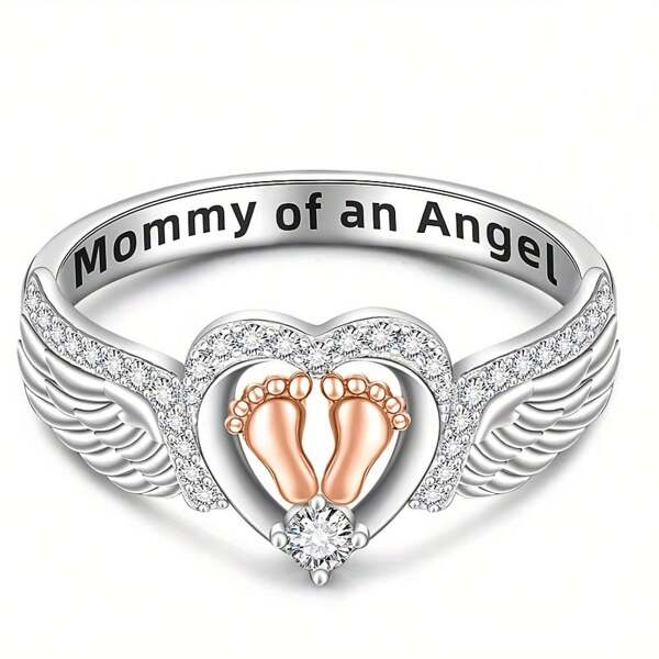 A Delicate Sterling Silver Rose Gold Plated Ring With Double Footprint And Angel Wings Engraving, Best Mother's Day Gift For New Moms Valentines