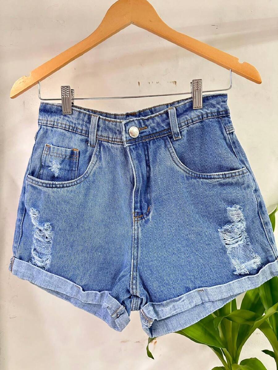 Women Denim Shorts - 中等水洗藍 - 查看 1