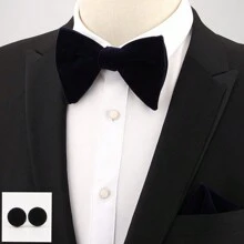 1 set Traje de boda para hombres, que incluye corbata de moño de terciopelo con forma de cuerno, pañuelo de bolsillo y gemelos para corbata de hombre