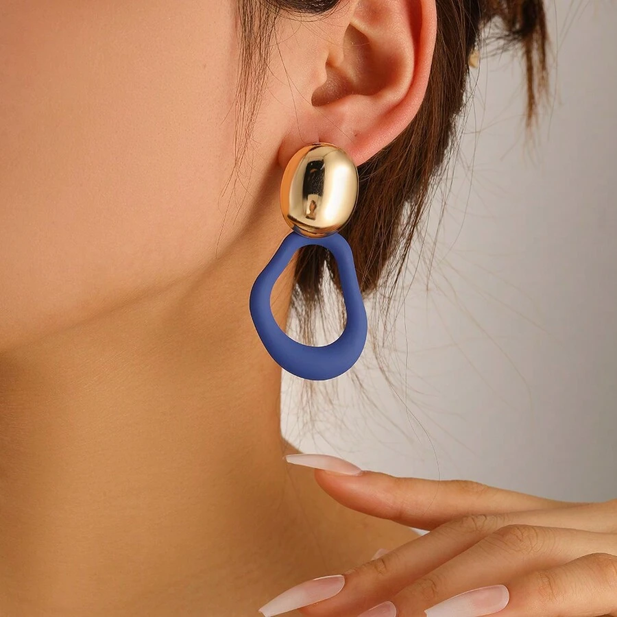 1pair Asymmetrical Geometric Oval Painted Earrings For Women - Blue - View 1