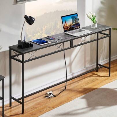Narrow Sofa/Console Table With Charging Station & Power Outlet And USB Ports, For Entryway, Living Room, Office, Industrial