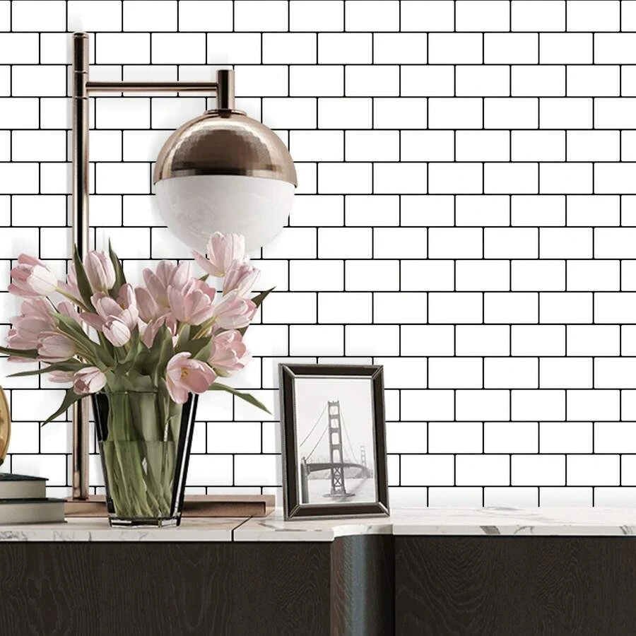 3D環氧壁磁貼，剝離式且易於清潔，防汙水擋板廚房後擋板，尺寸為12*12英寸 - 黑與白 - 查看 1