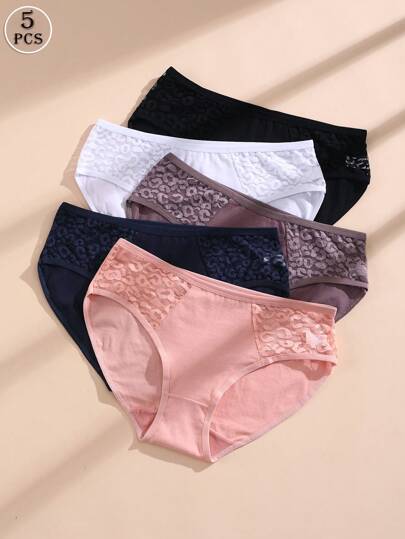 5入組女性性感低腰蕾絲三角褲，舒適貼身，套裝