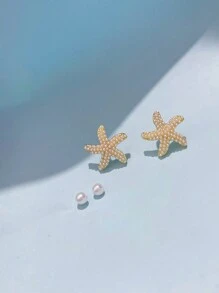 2 Pares de Pendientes con Estrella de Mar y Perla Simulada, Diseño Delicado y Único para Mujeres, Joyería Casual/de Viaje/de Playa para el Verano