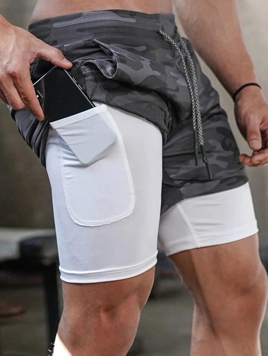 Pantalones Cortos Deportivos Transpirable Short Correr Gimnasio Casuales 2 en 1, Pantalones cortos deportivos Transpirable de camuflaje para hombre, de secado rápido, para entrenamiento, gimnasio, Fitness, Jogging - Blanco y Negro - Ver 1