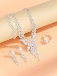 Europäischer und amerikanischer Luxus V-Ausschnitt Kupfer & kubische Zirkonia Schmuckset: 1 Halskette, 1 Paar Ohrringe, 1 Armband und 1 Ring; geeignet für den täglichen Gebrauch, Hochzeiten, Partys und andere Anlässe.