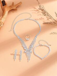 Europäischer und amerikanischer Luxus V-Ausschnitt Kupfer & kubische Zirkonia Schmuckset: 1 Halskette, 1 Paar Ohrringe, 1 Armband und 1 Ring; geeignet für den täglichen Gebrauch, Hochzeiten, Partys und andere Anlässe.