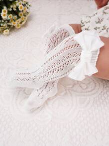 1 Paar Sommer Baby Mädchen Socken mit Schleife, Kinder lange weiße Kniestrümpfe mit Hohlmuster, Kleinkind Prinzessin Netzsocken