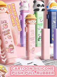 1 Set New Cute Cartoon Push Eraser (With 2 Refills), Push And Pull Debris-Free Eraser, Clean, Students Specifically Designed Eraser, No Traces After Erasing, Creatively Designed Cartoon Appearance, Suitable For Kindergarten, Elementary School Students From 1st To 3rd Grade